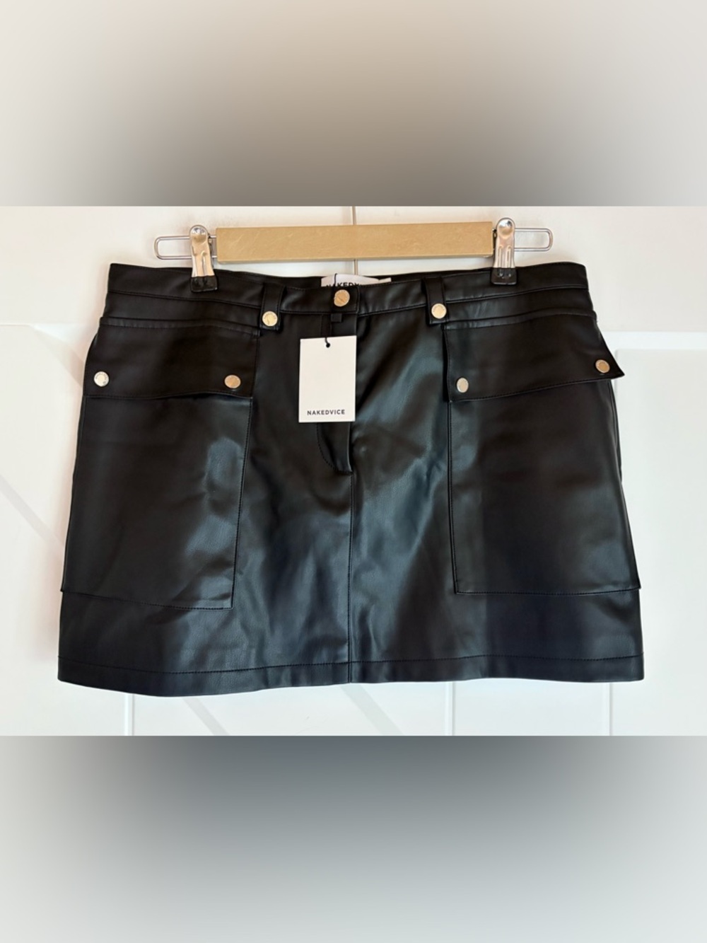NAKEDVICE Black Faux Leather Mini Skirt Utility Pocket NWT Large